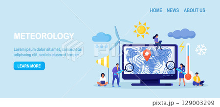 Meteorology, geophysics, weather prediction. Meteorologist studying and researching weather, climate condition online on computer with world cyclone map. Forecasters work in meteorological center Meteorology, geophysics, weather prediction. Meteorologist studying and researching weather, climate condition online on computer with world cyclone map. Forecasters work in meteorological center 129003299