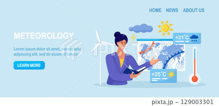 Weather forecast online. Presenter with atmospheric precipitation map on background. Weather broadcast. Woman presenting meteorology newscast. Meteorological television news and announcement 129003301