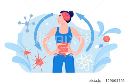 Gut brain connection. Interaction, cooperation and health effects from emotions and thoughts to stomach digestive system. Enteric nervous system in human body. Signals from brain to digestive tract 129003303