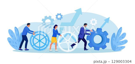 Business organization. Teamwork. People working together to help success mission. Businessmen are engaged in business promotion. Cooperation or community concept. Employees create mechanism with cogs Business organization. Teamwork. People working together to help success mission. Businessmen are engaged in business promotion. Cooperation or community concept. Employees create mechanism with cogs 129003304