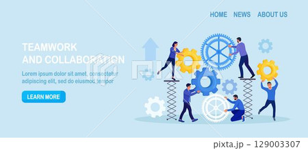 Business organization. Teamwork. People working together to help success mission. Businessmen are engaged in business promotion. Cooperation or community concept. Employees create mechanism with cogs Business organization. Teamwork. People working together to help success mission. Businessmen are engaged in business promotion. Cooperation or community concept. Employees create mechanism with cogs 129003307