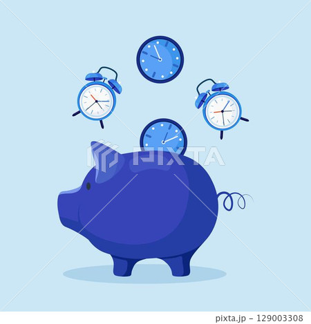 Piggy bank with falling watch, clock. Time management planning. Deadline. Work organization, business management. Times is money. Investments. Saving time techniques, tips and tricks for planning 129003308