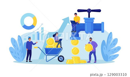 Cash Flow. Passive Income Streams, Dividends, Property Rental or Investment Profit. Return on Investment. Businessmen around Huge Tap with Money Flow. Stock Market. Finance Faucet. Achievement Success 129003310