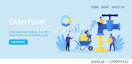 Cash Flow. Passive Income Streams, Dividends, Property Rental or Investment Profit. Return on Investment. Businessmen around Huge Tap with Money Flow. Stock Market. Finance Faucet. Achievement Success 129003312