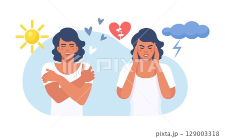 Woman in bad and good mood. Girl in stress of premenstrual syndrome and calm state of mind. PMS, mental health problems. Feelings, behavior expression. Various emotions and mood changes Woman in bad and good mood. Girl in stress of premenstrual syndrome and calm state of mind. PMS, mental health problems. Feelings, behavior expression. Various emotions and mood changes 129003318