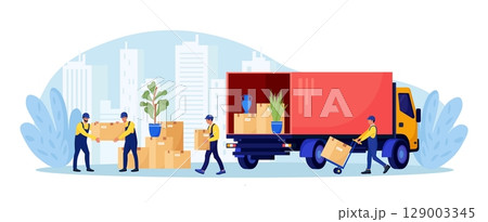 Relocation, moving to new house. Man in overalls loading box in van. Professional delivery company, loader service. Workers carry goods and furniture using trolley. Pile of stacked boxes in truck 129003345