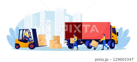 Warehouse workers loading, stacking goods with electric lifters in delivery car. Forklift truck with driver, electric uploader. Industrial logistics, delivery service. Merchandising business 129003347