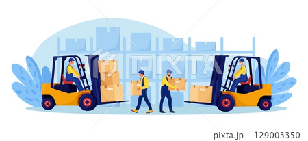 Yellow forklift truck with driver, electric uploader. Industrial logistics, delivery service. Storage equipment. Warehouse workers loading, stacking goods with electric lifters. Merchandising business 129003350