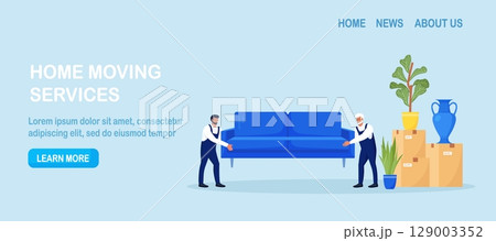 Home relocation. Moving to new apartment. Delivery company services. Loaders in overalls taking sofa, couch, belongs out of apartment. Movers carrying cardboard boxes, assembling furniture Home relocation. Moving to new apartment. Delivery company services. Loaders in overalls taking sofa, couch, belongs out of apartment. Movers carrying cardboard boxes, assembling furniture 129003352