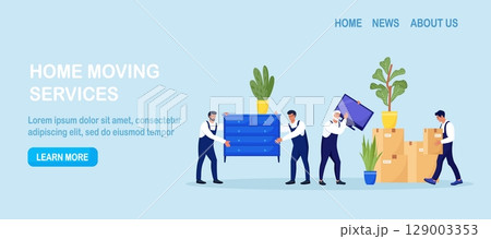 Moving to new apartment. Home relocation. Delivery company services. Loaders in overalls taking home appliances, goods, plants out of apartment. Movers carrying cardboard boxes, assembling furniture 129003353