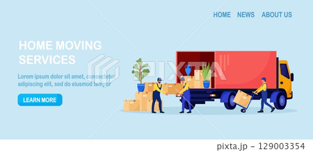 Relocation, moving to new house. Man in overalls loading box in van. Professional delivery company, loader service. Workers carry goods and furniture using trolley. Pile of stacked boxes in truck Relocation, moving to new house. Man in overalls loading box in van. Professional delivery company, loader service. Workers carry goods and furniture using trolley. Pile of stacked boxes in truck 129003354
