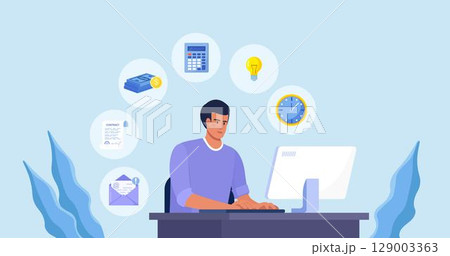 Businessman sitting at computer in office and doing many tasks at the same time. Freelance worker. Multitasking skills, effective time management and productivity concept 129003363