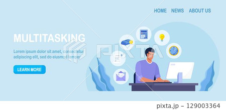 Businessman sitting at computer in office and doing many tasks at the same time. Freelance worker. Multitasking skills, effective time management and productivity concept 129003364