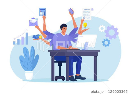 Businessman with many arms sitting at computer in office and doing many tasks at the same time. Freelance worker. Multitasking skills, effective time management and productivity concept Businessman with many arms sitting at computer in office and doing many tasks at the same time. Freelance worker. Multitasking skills, effective time management and productivity concept 129003365