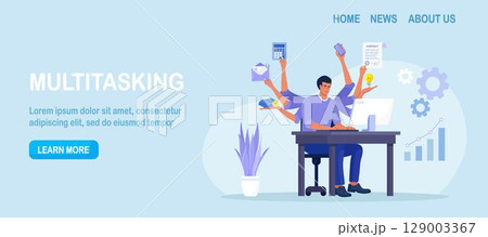 Businessman with many arms sitting at computer in office and doing many tasks at the same time. Freelance worker. Multitasking skills, effective time management and productivity concept 129003367