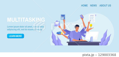 Businessman with many arms sitting at computer in office and doing many tasks at the same time. Freelance worker. Multitasking skills, effective time management and productivity concept Businessman with many arms sitting at computer in office and doing many tasks at the same time. Freelance worker. Multitasking skills, effective time management and productivity concept 129003368