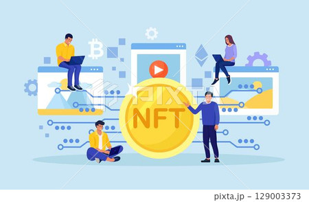 NFT Marketplace with Crypto Art Items on Sale and Blockchain Technology. People Use Non Fungible Token Cryptocurrency to Buy Exclusive Arts, Masterpieces and Antiquities in Cyber Space 129003373