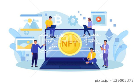 NFT Marketplace with Crypto Art Items on Sale and Blockchain Technology. People Use Non Fungible Token Cryptocurrency to Buy Exclusive Arts, Masterpieces and Antiquities in Cyber Space 129003375