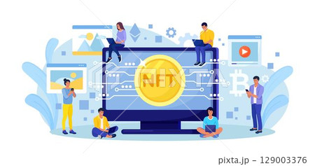 NFT Marketplace with Crypto Art Items on Sale and Blockchain Technology. People Use Non Fungible Token Cryptocurrency to Buy Exclusive Arts, Masterpieces and Antiquities in Cyber Space NFT Marketplace with Crypto Art Items on Sale and Blockchain Technology. People Use Non Fungible Token Cryptocurrency to Buy Exclusive Arts, Masterpieces and Antiquities in Cyber Space 129003376
