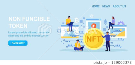 NFT Marketplace with Crypto Art Items on Sale and Blockchain Technology. People Use Non Fungible Token Cryptocurrency to Buy Exclusive Arts, Masterpieces and Antiquities in Cyber Space 129003378