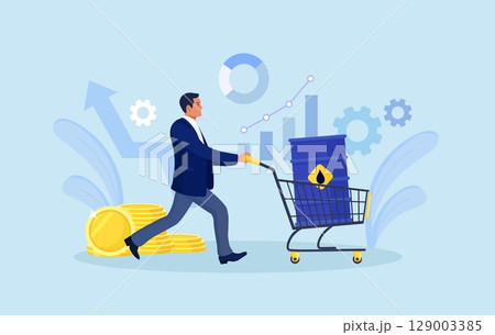 Businessman buying crude oil gallon. Man with barrel in shopping cart trolley. Crude oil investment. Investor buy oil stock of fuel power company to make profit. Global stock market speculation Businessman buying crude oil gallon. Man with barrel in shopping cart trolley. Crude oil investment. Investor buy oil stock of fuel power company to make profit. Global stock market speculation 129003385