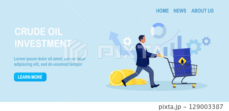 Businessman buying crude oil gallon. Man with barrel in shopping cart trolley. Crude oil investment. Investor buy oil stock of fuel power company to make profit. Global stock market speculation 129003387