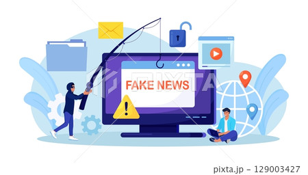 Fake news. Mass media political propaganda. Unknown person spreading false information, misinformation in internet. Fraud and cheat content in social network 129003427
