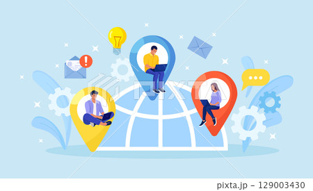 Global outsourcing, freelance. Teamwork and project delegation. Employee work from home remotely. People with different skills connecting together online and working on the same project, remote work 129003430