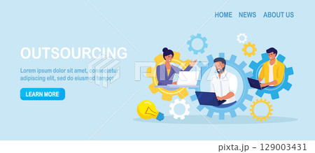 Global outsourcing, freelance. Teamwork and project delegation. Employee work from home remotely. People with different skills connecting together online and working on the same project, remote work 129003431