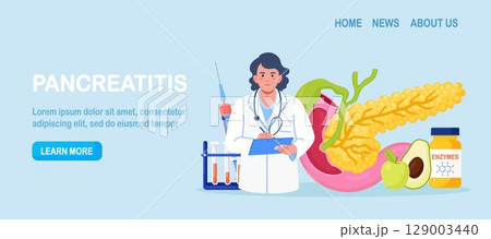 Pancreatitis concept. Gastroenterologist diagnose pancreas inflammation. Doctor examine patient. Digestive system disease treatment. Internal organs cancer. Pancreatitis concept. Gastroenterologist diagnose pancreas inflammation. Doctor examine patient. Digestive system disease treatment. Internal organs cancer. 129003440