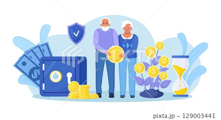 Elderly husband and wife are standing near bank safe, money tree, holding gold coin. Pensioners couple keeping cash in bank deposit account. Pension savings investment in retirement mutual fund 129003441