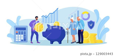 Pension Fund. Long-term Capital Investment. Elderly Husband and Wife are Standing Near Big Piggy Bank and Stack of Money. Pensioners Invest Money. Pension Savings, Insurance and Funded Pension 129003443