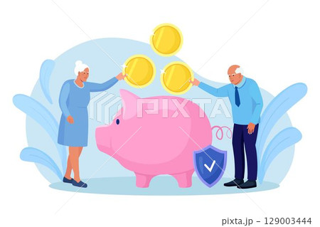 Elderly husband and wife throwing coins into piggy bank. Pensioners couple keeping money in bank deposit account. Pension savings investment in retirement mutual fund. Retirement, family budget 129003444