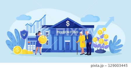 Elderly husband and wife standing near bank building, financial institute. Retirement investments in pension fund. Retirement budget development, contribution in pension account. Pensioners earnings 129003445