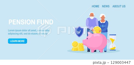 Elderly husband and wife throwing coins into piggy bank. Pensioners couple keeping money in bank deposit account. Pension savings investment in retirement mutual fund. Retirement, family budget 129003447