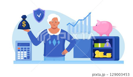 Elderly woman standing near safe, piggy bank, holding money bag. Pensioner keeping cash in bank deposit account. Pension savings investment in retirement mutual fund Elderly woman standing near safe, piggy bank, holding money bag. Pensioner keeping cash in bank deposit account. Pension savings investment in retirement mutual fund 129003453