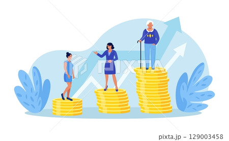 Retirement savings plan, financial investment growth. Pension management. Teenager, businesswoman, pensioner grandmother standing on stacks of gold coins money. People invest earning in pension fund 129003458