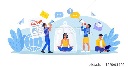 Stop spreading hoax and fake news. Young woman meditate under glass dome trying to stop false news from television, internet. Information noise, check spam. Online media, disinformation, propaganda 129003462