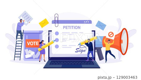 Petition form on laptop screen. People signing and spreading petition or complaint. Online balloting, making choice. Paper, democracy. Collective public appeal document addressed to government 129003463