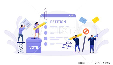 Petition form with vote box. People signing and spreading petition or complaint. Online balloting, making choice. Paper, democracy. Collective public appeal document addressed to a government 129003465