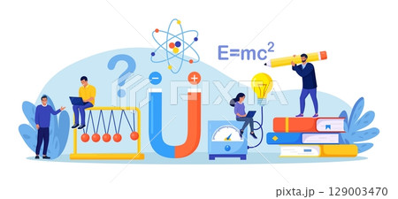 Physics school subject. Scientists explore electricity, magnetism, physical forces, electromagnetic field. Theoretical, practical lesson. Physics courses experiment. People studying electricity energy 129003470