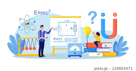 Physics school subject. Pupil studying electricity, magnetism, light wave and force in classroom. Teacher pointing at chalkboard, teaching kid. Child learn physical science. Theory, lab experiment 129003471