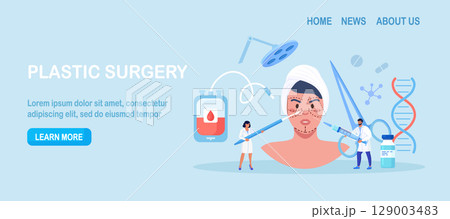 Plastic surgery. Doctors surgeons with syringe and scalpel doing facial contouring surgery to patient woman. Facial contouring, correction, cosmetic treatment. Face operation, anti-aging procedure Plastic surgery. Doctors surgeons with syringe and scalpel doing facial contouring surgery to patient woman. Facial contouring, correction, cosmetic treatment. Face operation, anti-aging procedure 129003483