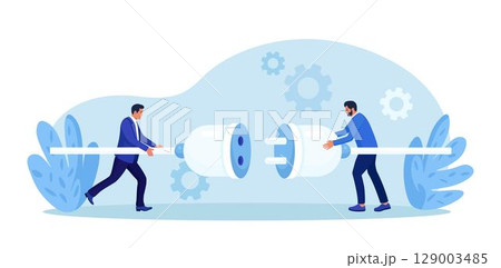 Business people connecting huge plug and outlet. Business strategy and connection, partnership. Cooperation, interaction. Businessman looking for new partners. Collaboration teamwork. Brainstorming 129003485
