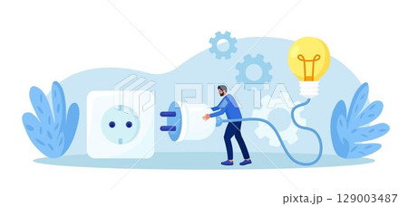 Businessman holding electrical plug with cord, connecting light bulb to power outlet. Business idea, solution. Investment in new project development, startup. Search for ideas and brainstorming Businessman holding electrical plug with cord, connecting light bulb to power outlet. Business idea, solution. Investment in new project development, startup. Search for ideas and brainstorming 129003487