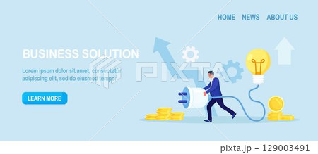 Businessman holding electrical plug with cord, connecting light bulb to power outlet. Business idea, solution. Investment in new project development, startup. Search for ideas and brainstorming Businessman holding electrical plug with cord, connecting light bulb to power outlet. Business idea, solution. Investment in new project development, startup. Search for ideas and brainstorming 129003491