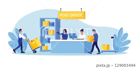 Post delivery office with reception desk. Postman giving parcels to customer in post department. Postal worker, courier carrying boxes, pushing hand cart. Parcel shipping, correspondence delivery 129003494