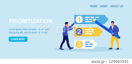Prioritization. Businessmen set work priority, arrange to do list. Employees standing near important tasks list. Checklist with missions, urgency choice. Task planning, management to boost efficiency 129003501