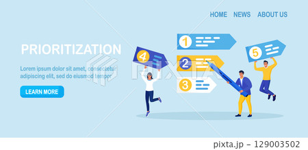 Prioritization. Businessmen set work priority, arrange to do list. Employees standing near important tasks list. Checklist with missions, urgency choice. Task planning, management to boost efficiency 129003502