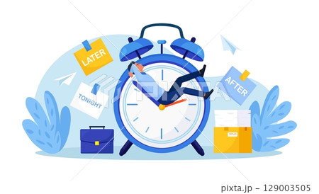 Procrastination or project deadline. Lazy businessman sitting on clock hands, dreaming and procrastinating instead of working. Productivity and efficiency in work. Postpone tasks to do later 129003505